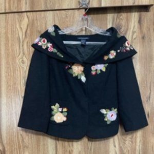 Boston Proper Black Jacket with Satin Embroidered Flowers, Size 8